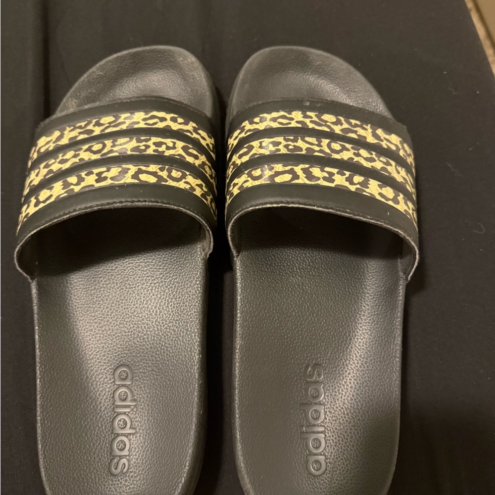Adidas Black Slides with Gold Animal Print